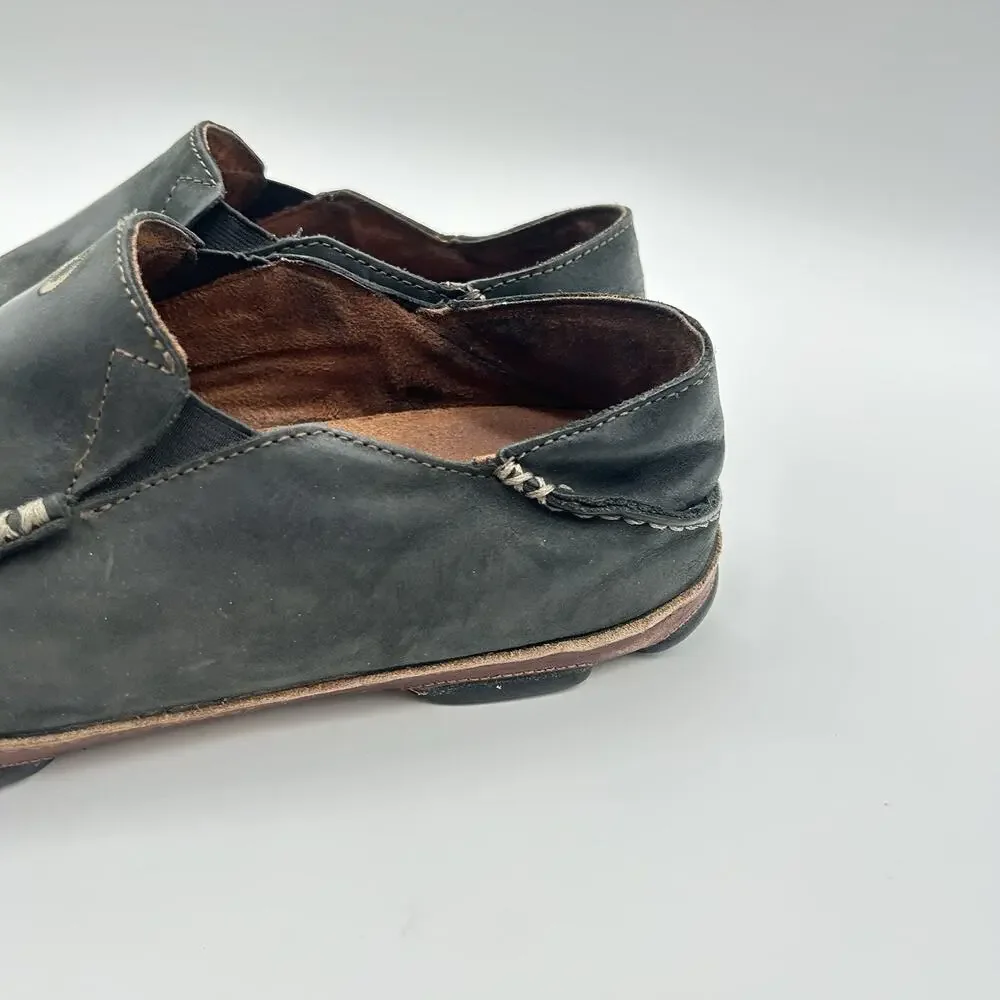 OluKai Moloa Mens 11 Black Leather Slip On Low Top Casual Comfort Loafers